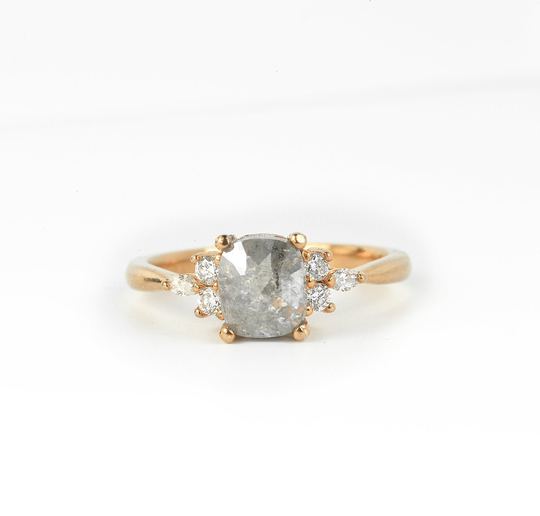 Diamond Ring-Rose Cut Engagement Ring-Salt & Pepper Ring-Dainty Gold Ring-Cushion Cut Ring