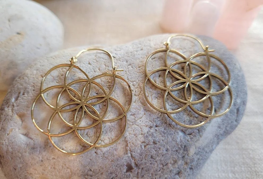 Raw Brass Seed Of Life Earrings, Seed Earrings, Jewellery, Hoops, Gift For Her, Free Shipping