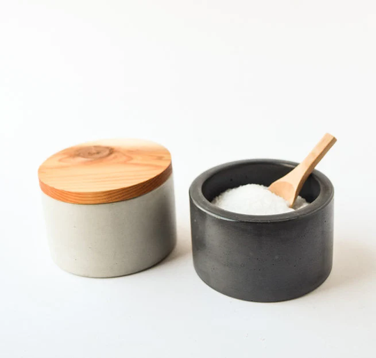 Salt Cellar With Wood Lid - Concrete Bowl Pinch Pig Sugar Modern Box Kitchen Gift Cement