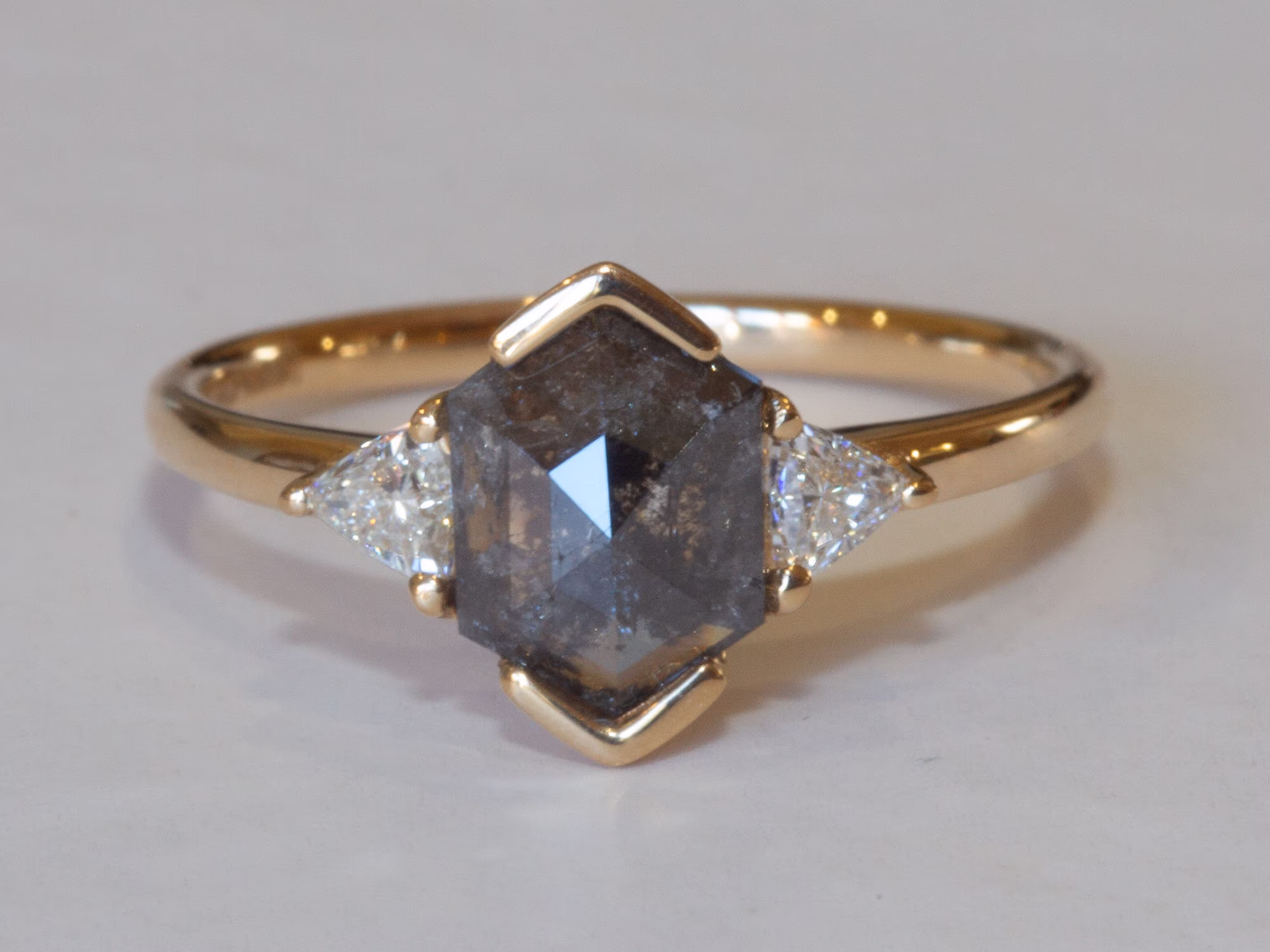 Geometric Salt & Pepper Diamond Trilliant Diamonds Engagement Ring, Unique Hexagon Grey Galaxy Ring - Trillare