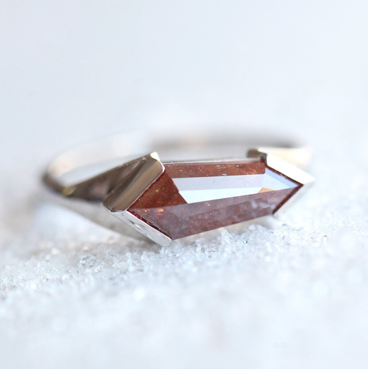 Red Diamond Ring, Unique Salt Pepper Shield Engagement Modern Solitaire Ring