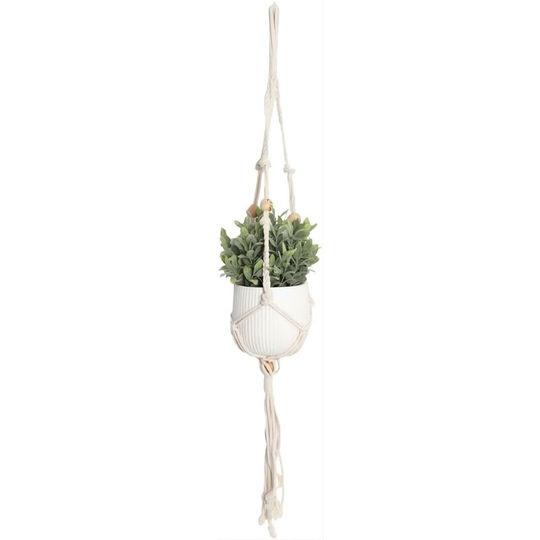 Macrame Plant Hanger, Indoor or Outdoor Plant Holder, Beige Cotton Rope with Wooden Beads, Scandinavian Design