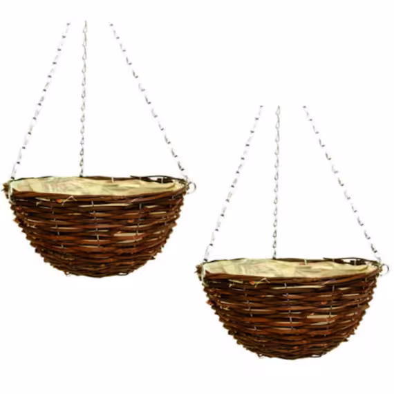 25cm 10 Inch Dark Brown Wicker Hanging Basket Lined Rattan Willow Planter 2 Pcs