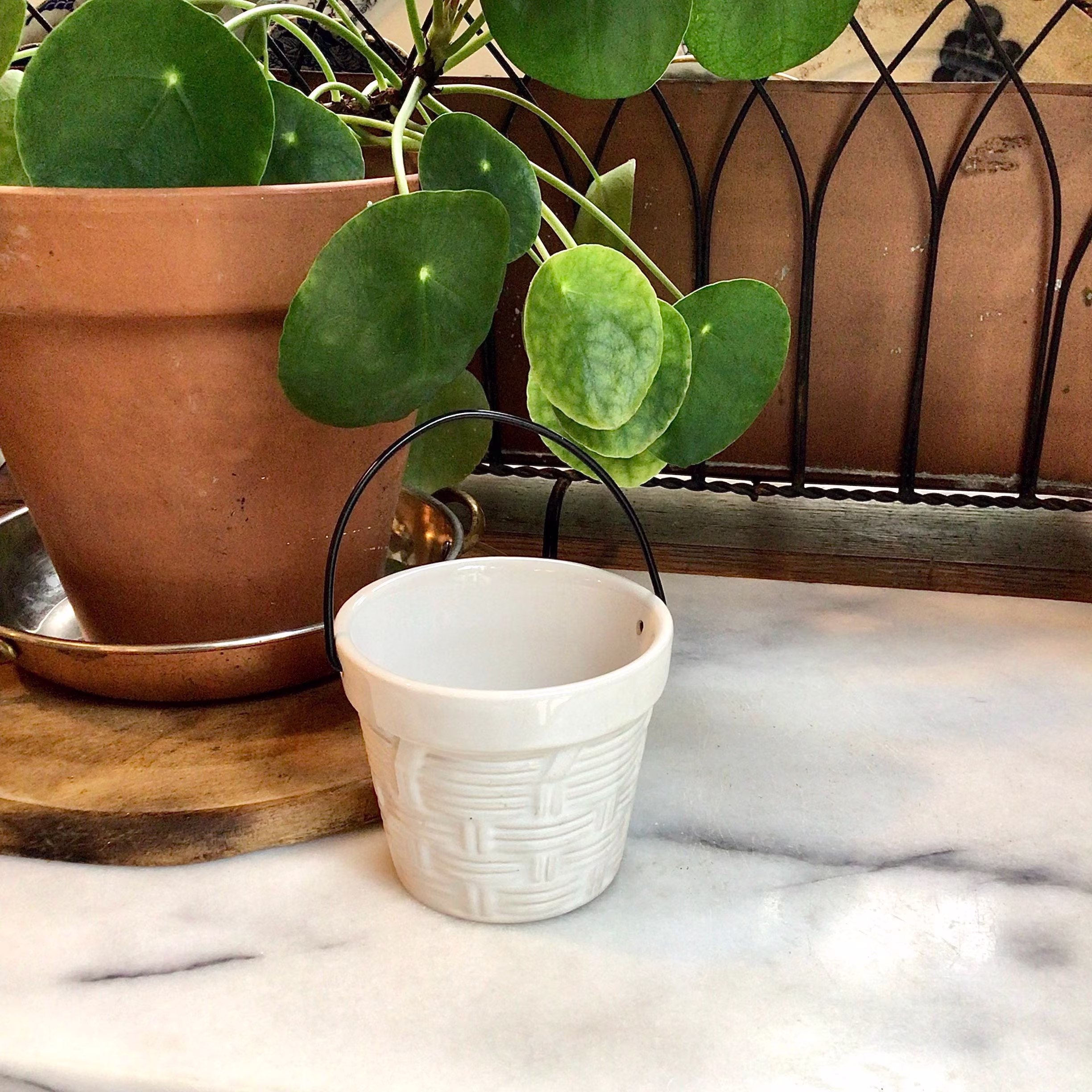 Adorable White Basketweave Wcl Pail Vintage Kitchen Vignette Or Use For A Succulent Planter