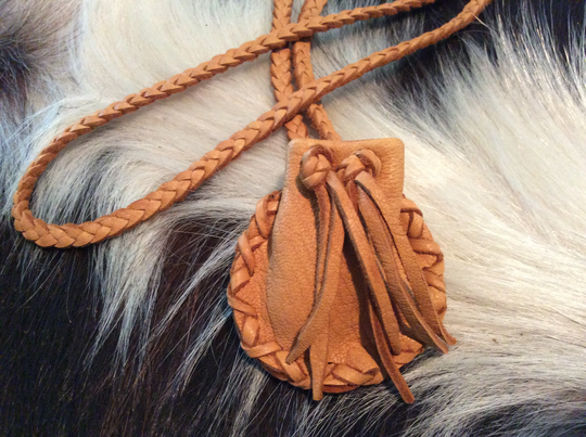 Worry Stone Pouch, Deer Hide Medicine Bag, Deerskin Leather Pouch On Braid Necklace, Small Bag, Handmade in Canada