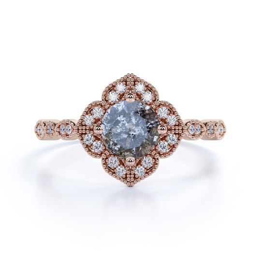 Salt & Pepper Diamond Ring 1 Ct Round, Engagement Ring, Flower Inspired Nature