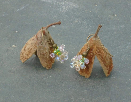 Apple Blossom Earrings, Seed Bead Flower in Pink, Crystal, Champagne Yellow & Green Czech Seed Beads, UK Seller