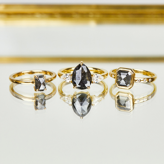 18ct Gold Emerald Cut Salt And Pepper Engagement Ring, Gold