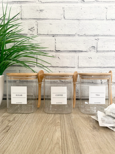 1 X Square Bamboo Lid Glass Storage Jars With Spoon Personalised Kitchen Pantry Containers Herbs Spices Dried Food Labelled