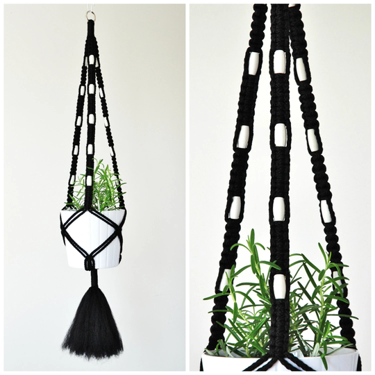 Macrame Plant Hanger || Black & White Beaded
