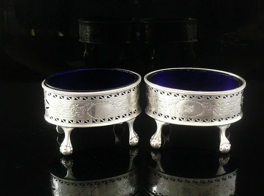 Silver Salt Cauldrons, Pair, Antique, Sterling, Tableware, Condiment, Intaglio Duty Head, Charles Hougham, Hallmarked London 1784, Ref571R