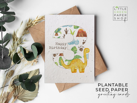 Plantable Flower Seed Paper Cards A6 - Birthday Dinosaurs 3 Birthday, Kids, Boys, Friends, Greeting, Gardening, Eco-Friendly, Biodegradable