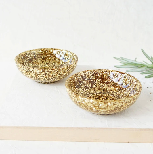 Pair Of Two Small Resin Salt & Pepper Spice Pinch Trinket Dish Bowls in Gold Glitter Sparkle