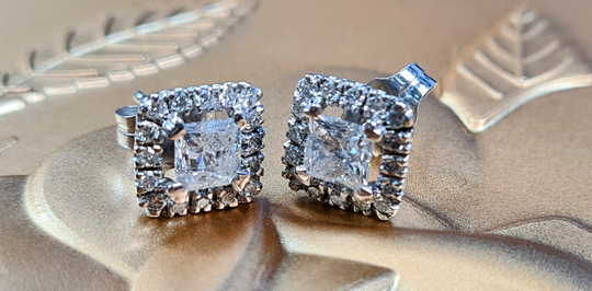 14K Gold Halo Diamonds Earrings, 1.16 Ct Salt & Pepper Real Diamonds, Princess Diamond Earrings, Gift For Her