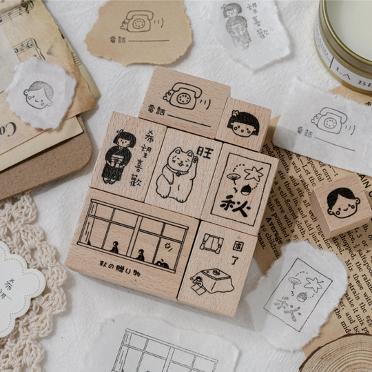 Japan Autumn Season Wooden Stamp Set | Boys & Girls Couple Decorative Lucky Cat Creative Scrapbook