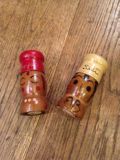 Vintage Cute Little People Looking Shaped Salt & Pepper Pots. Cruet Set. Good Condition With Original Cork Stoppers