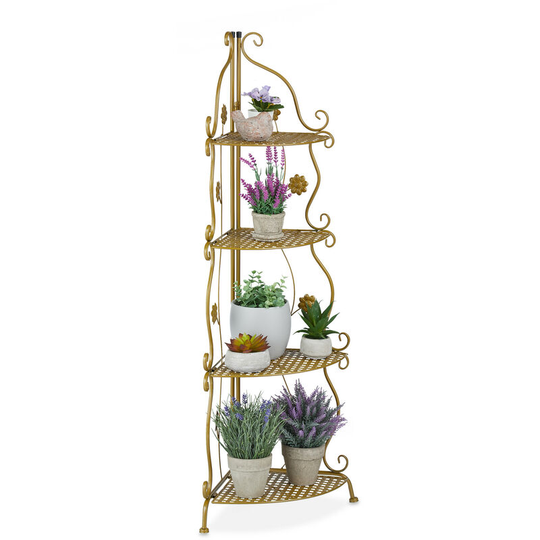 Relaxdays Metal Plant Stand, 4 Tiers, Decorative Rack, Indoor & Outdoor, HxWxD: 113.5 x 31 x 31 cm, Corner Shelf, Gold
