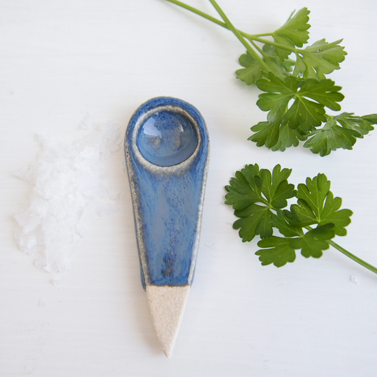 Handmade Small Pottery Blue Brown Salt Or Spice Spoon