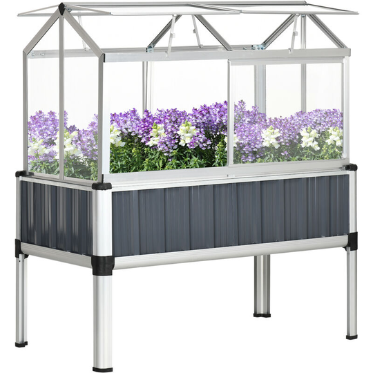 Outsunny Steel Raised Beds for Garden with Mini Greenhouse and Openable Windows - Dark Grey, Silver