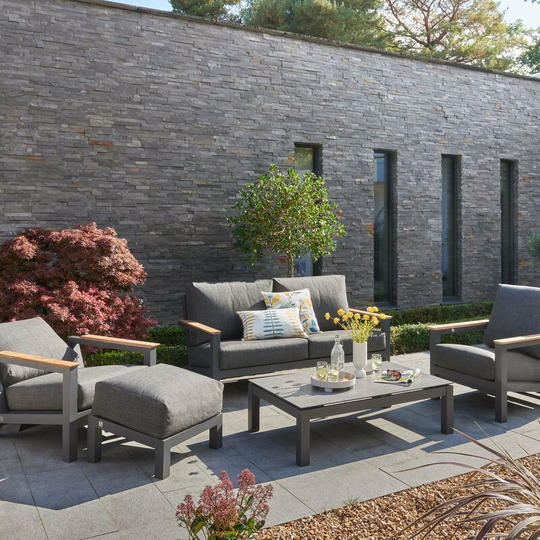 Capitol 2 Seat Sofa Set Reclining with Teak Table and Footstool in Dark Grey