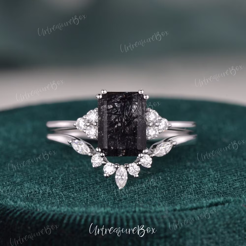 Salt & Pepper Black Rutilated Quartz Ring Set Emerald Cut Engagement Vintage White Gold Diamond Cluster Bridal Crystal