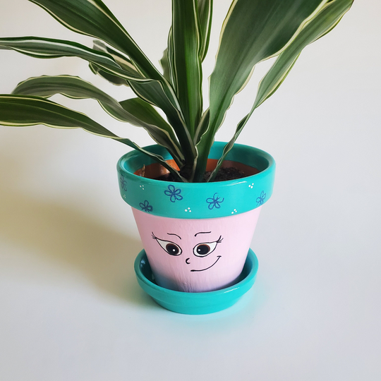 Small Pink & Turquoise Happy Face Flower Pot Planter Hand Painted 3.75