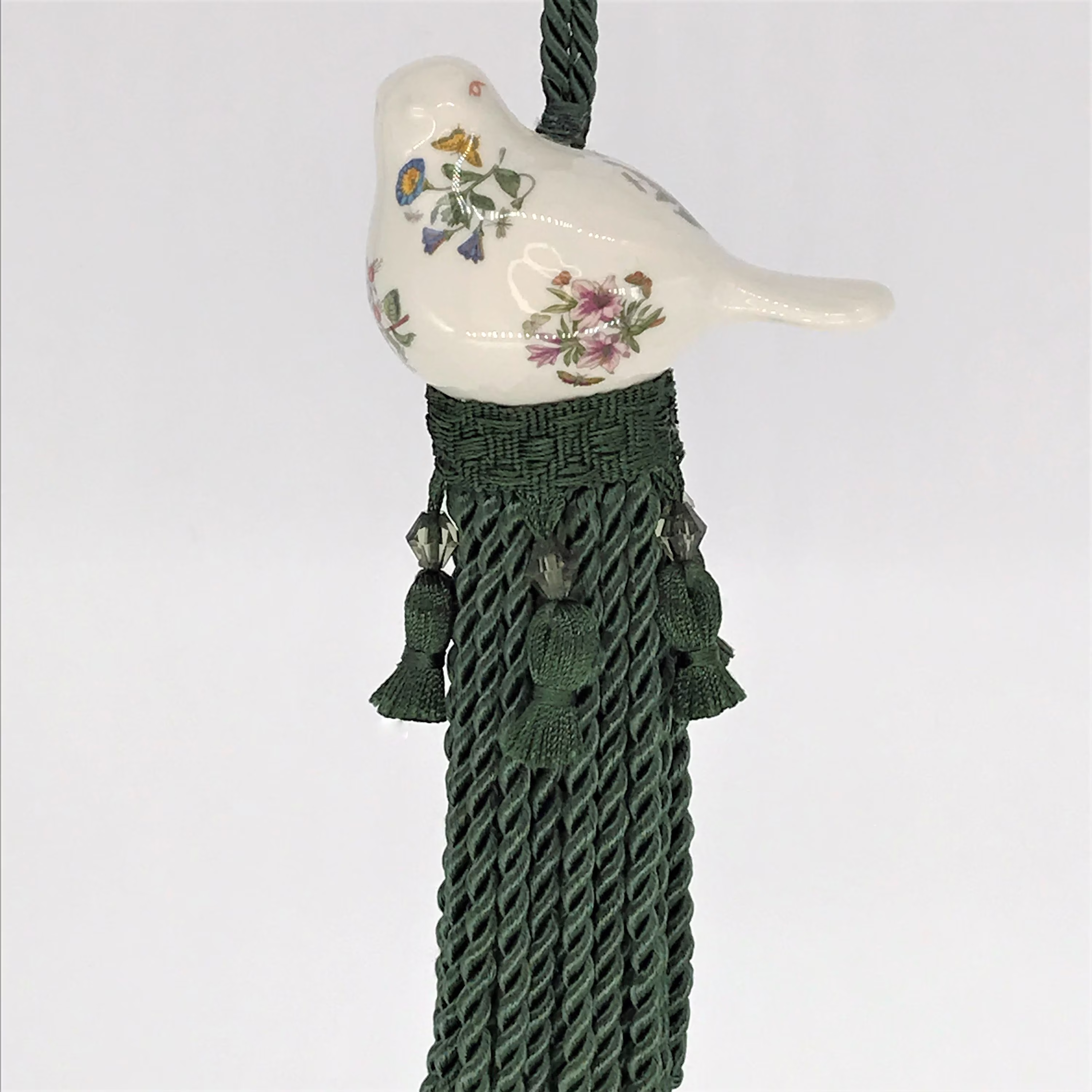 Portmeirion Bird Salt & Pepper Shaker Tassel, Ceramic China, Dark Green Bird, Floral