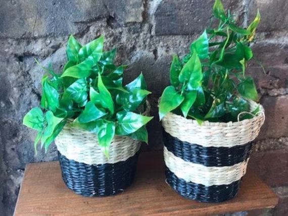 Mini Black Striped Seagrass Planters - Set Of Two