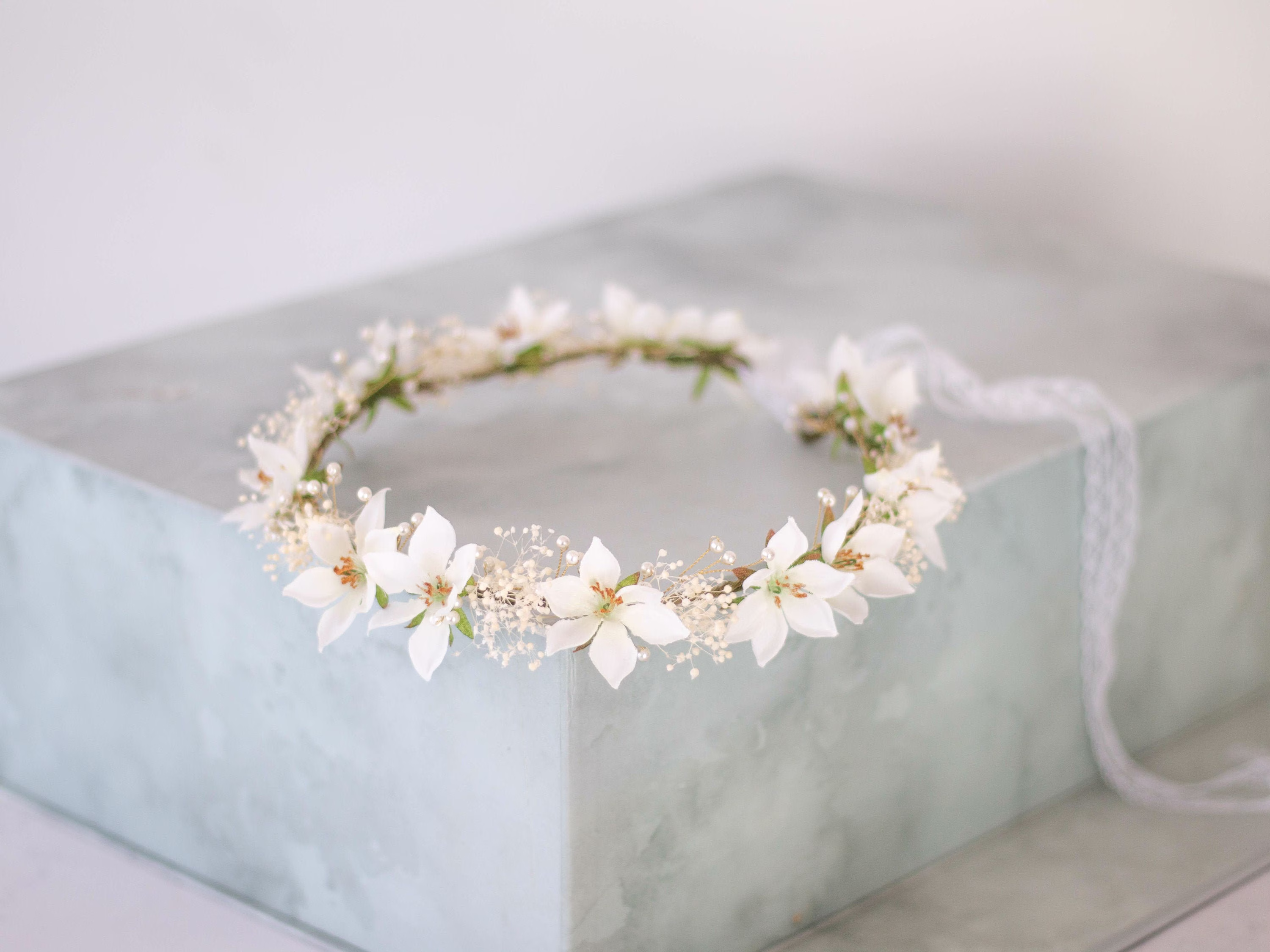 Ivory White Flower Crown Wedding, Baby's Breath Crown, Dainty Bridal Shower, Floral Headband, Adjustable