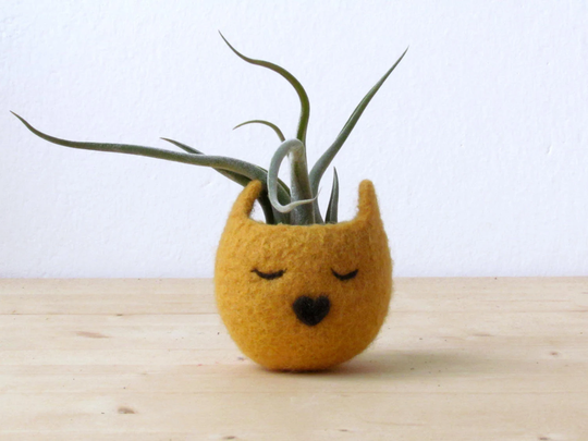 Colorful Cat Indoor Planter, Small Succulent Vase, Mustard Yellow Kitty, Felt Pot, Coworker Gift For Her