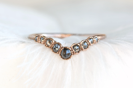 999 Pure Fine Silver Natural Salt & Pepper Diamond Chevron Wave Wedding Band Ring. Grey Gray Ring