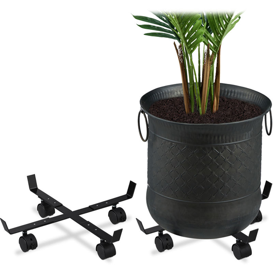 Extendable Plant Caddy, Set of 2, Indoors & Outdoors, Wheels, Trolley for Pots with Max. 43 cm ø, Metal, Black - Relaxdays