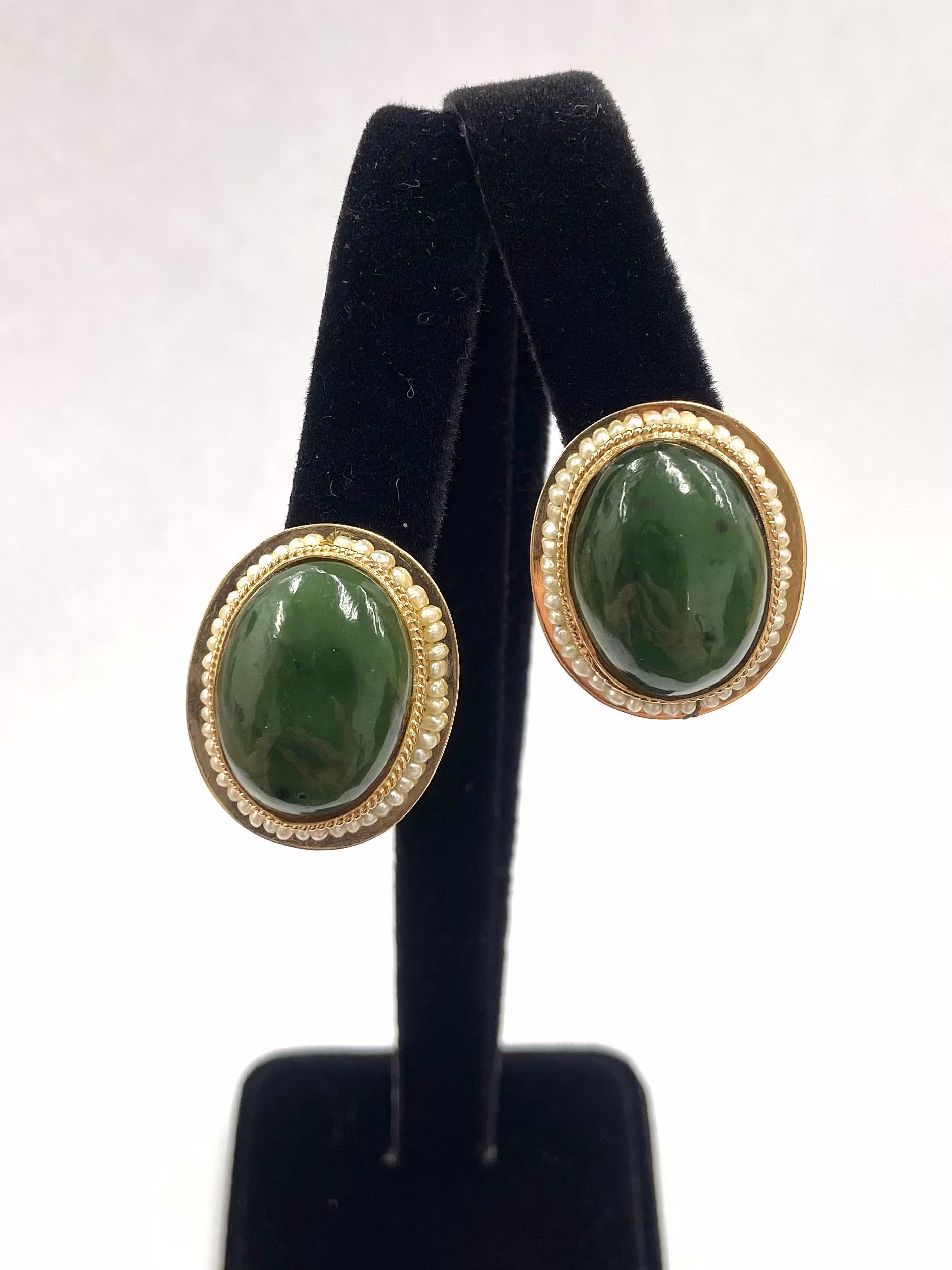 Vintage 14K Yg Jade & Seed Pearl Earrings